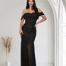 Metallic Gold Foil On Ruched Mesh Maxi Dress - Black front view showing full-length maxi silhouette