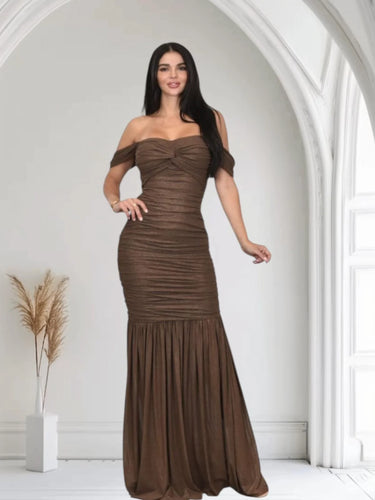 Metallic Gold Foil On Ruched Mesh Maxi Dress - Chocolate close up detail of metallic design and fabric