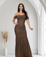 Metallic Gold Foil On Ruched Mesh Maxi Dress - Chocolate front view showing full-length maxi silhouette