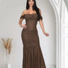 Metallic Gold Foil On Ruched Mesh Maxi Dress - Chocolate front view showing full-length maxi silhouette
