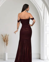 Metallic Gold Foil On Ruched Mesh Maxi Dress - Merlot - Palazzo Couture Online