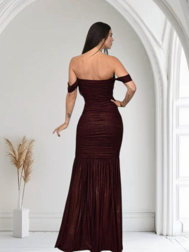 Metallic Gold Foil On Ruched Mesh Maxi Dress - Merlot - Palazzo Couture Online