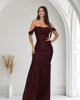 Metallic Gold Foil On Ruched Mesh Maxi Dress - Merlot - Palazzo Couture Online