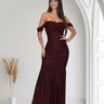 Metallic Gold Foil On Ruched Mesh Maxi Dress - Merlot - Palazzo Couture Online