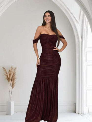 Metallic Gold Foil On Ruched Mesh Maxi Dress - Merlot - Palazzo Couture Online