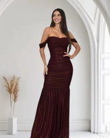 Metallic Gold Foil On Ruched Mesh Maxi Dress - Merlot front view showing full-length maxi silhouette