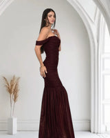 Metallic Gold Foil On Ruched Mesh Maxi Dress - Merlot side view highlighting floor-length hemline