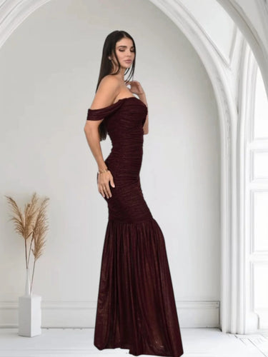 Metallic Gold Foil On Ruched Mesh Maxi Dress - Merlot side view highlighting floor-length hemline