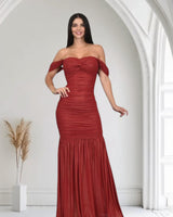 Metallic Gold Foil On Ruched Mesh Maxi Dress - Red - Palazzo Couture Online