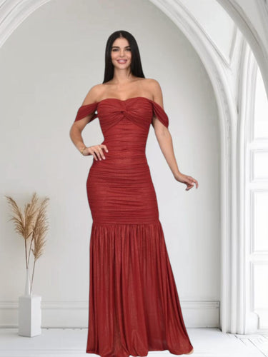 Metallic Gold Foil On Ruched Mesh Maxi Dress - Red - Palazzo Couture Online