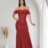 Metallic Gold Foil On Ruched Mesh Maxi Dress - Red front view showing full-length maxi silhouette