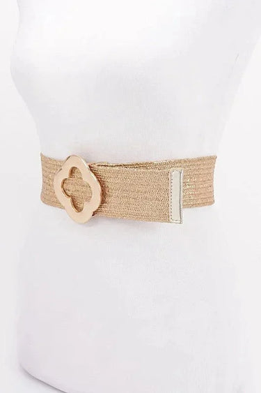 Metallic gold wide stretch belt with clover clasp - statement waist belt for women