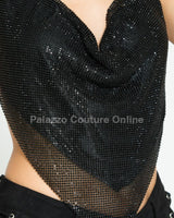 Metallic Rhinestone Backless Cowl Crop Top (Bronze/Gold)
