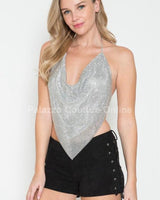 Metallic Rhinestone Backless Cowl Crop Top (Green/Black) - Palazzo Couture Online