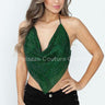 Metallic Rhinestone Backless Cowl Crop Top (Green/Black) - Palazzo Couture Online