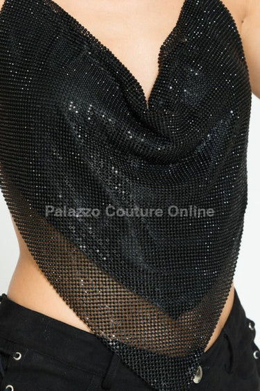 Metallic Rhinestone Backless Cowl Crop Top (Green/Black) - Palazzo Couture Online