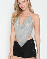 Metallic Rhinestone Backless Cowl Crop Top (Silver/White) - Palazzo Couture Online