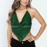 Metallic Rhinestone Backless Cowl Crop Top (Green/Black) for women - top by Palazzo Couture