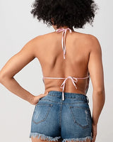 Metallic Rhinestone Backless Cowl Pink Silver Crop Top - women's cropped top