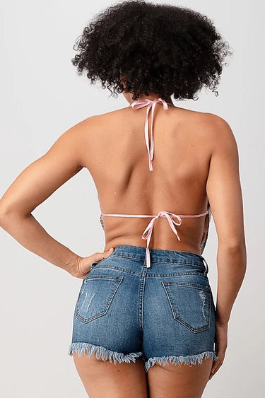 Metallic Rhinestone Backless Cowl Pink Silver Crop Top - women's cropped top