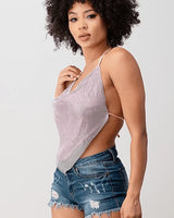Metallic Rhinestone Backless Cowl Pink Silver Crop Top for women - crop top by Palazzo Couture
