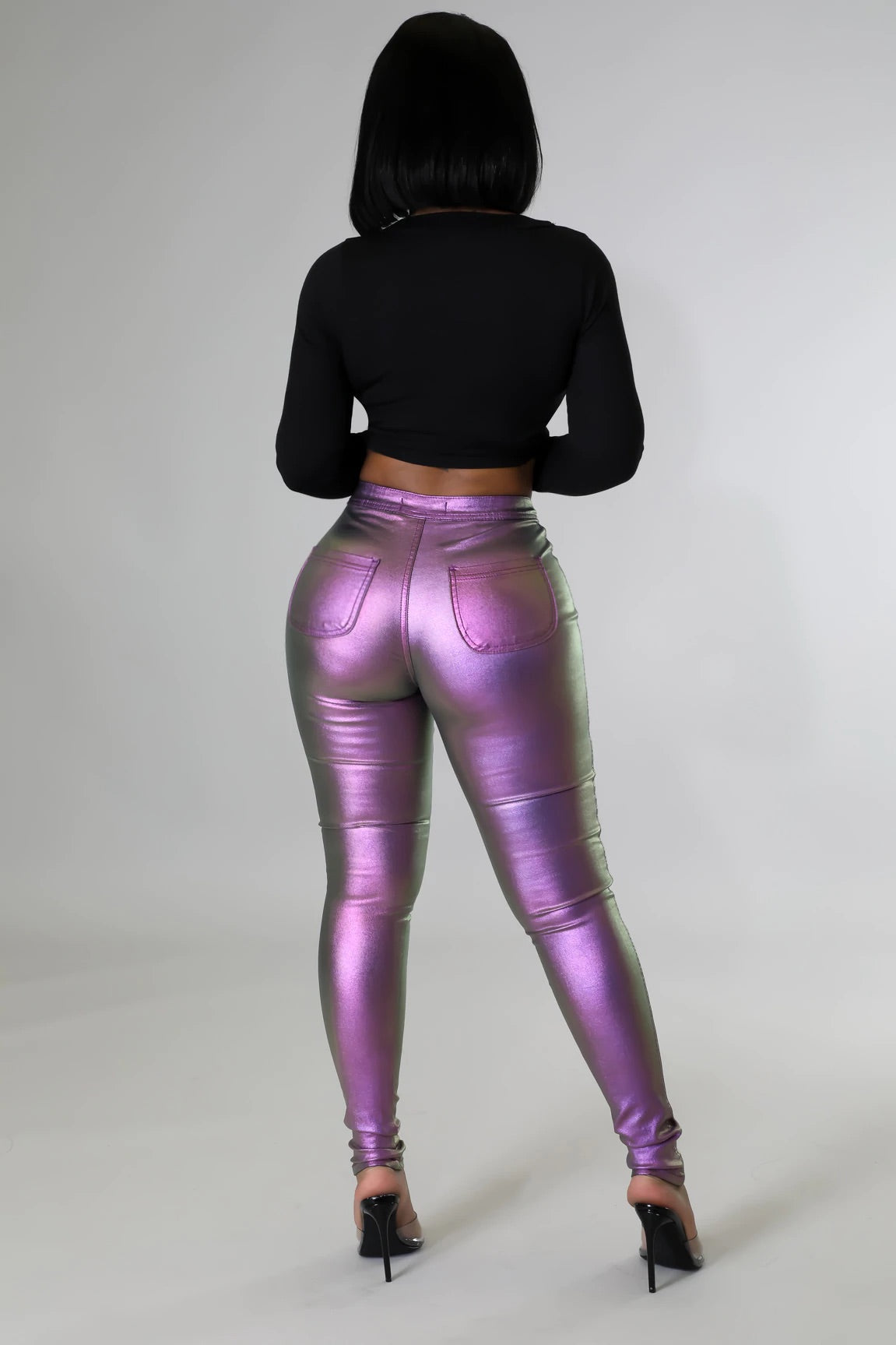 metallic high waist skinny pants in purple