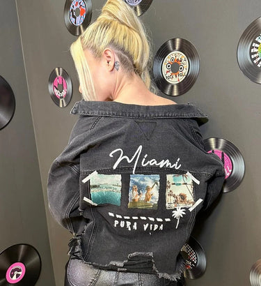 Miami Pura Vida Crop Jacket (Black Denim) - bold fashion outerwear