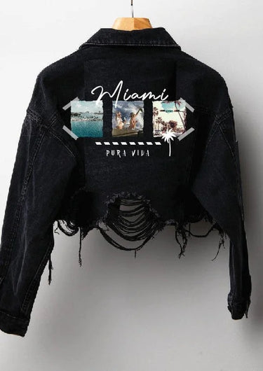 Miami Pura Vida Crop Jacket (Black Denim) - trendy layering piece for women