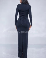 Midnight Allure Maxi Dress (Black) close up detail of elegant design and fabric