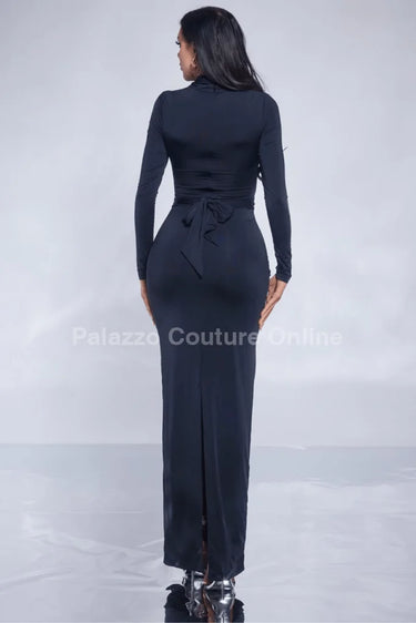 Midnight Allure Maxi Dress (Black) close up detail of elegant design and fabric