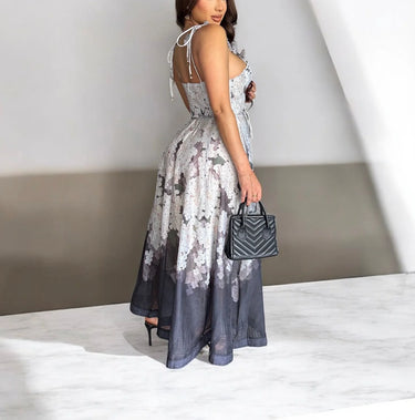 Midnight Bloom Corset Maxi Dress side view highlighting floor-length hemline