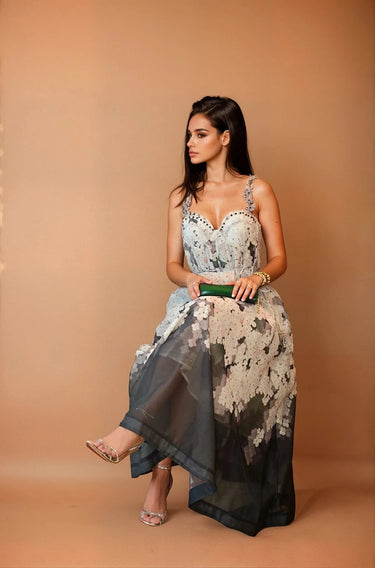 Elegant  corset maxi dress on model styled for evening event