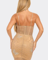 Midnight Butterfly Nude Mini Dress with Rhinestones close up detail of elegant design