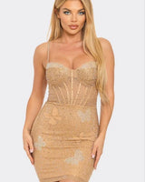 Midnight Butterfly Nude Mini Dress with Rhinestones front view showing mini dress silhouette