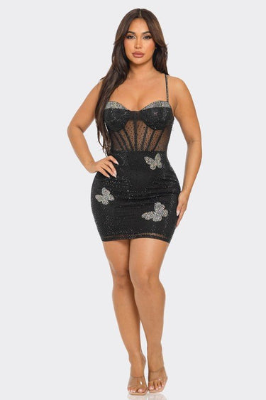 Midnight Butterfly Sparkle Mini Dress (Black) - Palazzo Couture Online