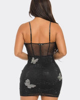 Midnight Butterfly Sparkle Mini Dress (Black) close up detail of elegant design