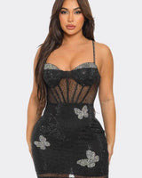 Midnight Butterfly Sparkle Mini Dress (Black) front view showing mini dress silhouette
