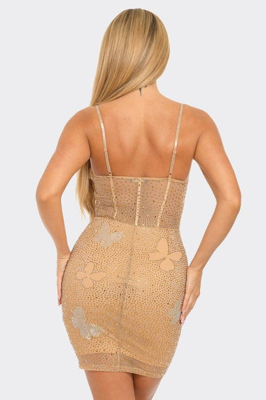 Sheer mesh nude mini dress with fitted bodice