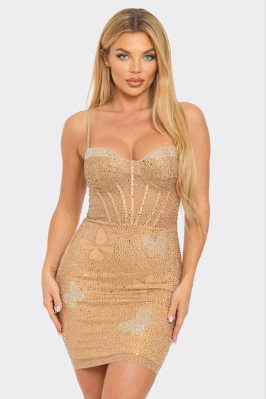 Nude mini dress with rhinestone and butterfly appliqués