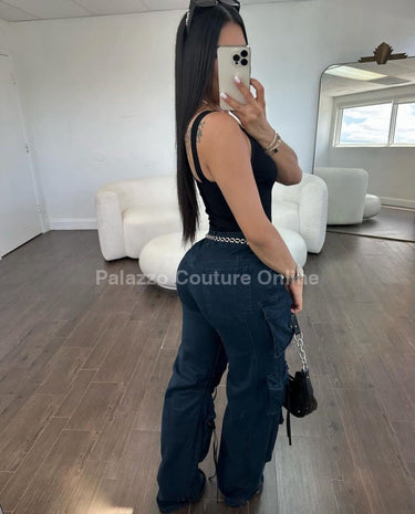 Midnight Cargo Flare Pants - Midnight Blue - Palazzo Couture Online