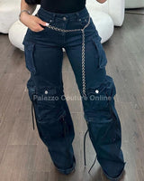 Midnight Cargo Flare Pants - Midnight Blue - Palazzo Couture Online