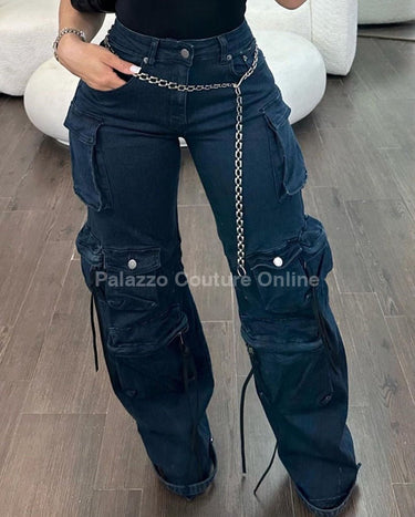 Midnight Cargo Flare Pants - Midnight Blue - Palazzo Couture Online