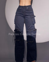 Midnight Cargo Flare Pants - Midnight Blue - Palazzo Couture Online