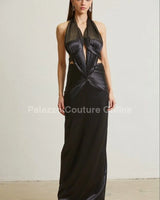 Midnight Elegance Black Satin Dress – Pleated Maxi Gown close up detail of pleated design and fabric