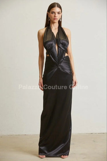 Midnight Elegance Black Satin Dress – Pleated Maxi Gown close up detail of pleated design and fabric