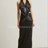 Midnight Elegance Black Satin Dress – Pleated Maxi Gown front view showing full-length maxi silhouette