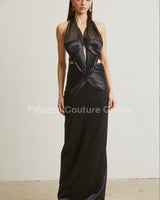 Midnight Elegance Pleated Satin Maxi Dress (Black) - Palazzo Couture Online
