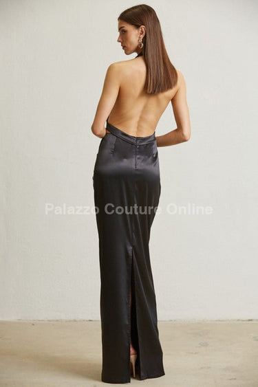 Midnight Elegance Pleated Satin Maxi Dress (Black) - Palazzo Couture Online