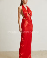 Midnight Elegance Pleated Satin Maxi Dress (Red) - Palazzo Couture Online