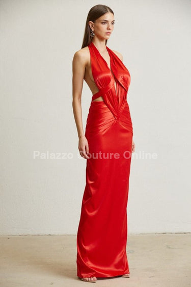 Midnight Elegance Pleated Satin Maxi Dress (Red) - Palazzo Couture Online